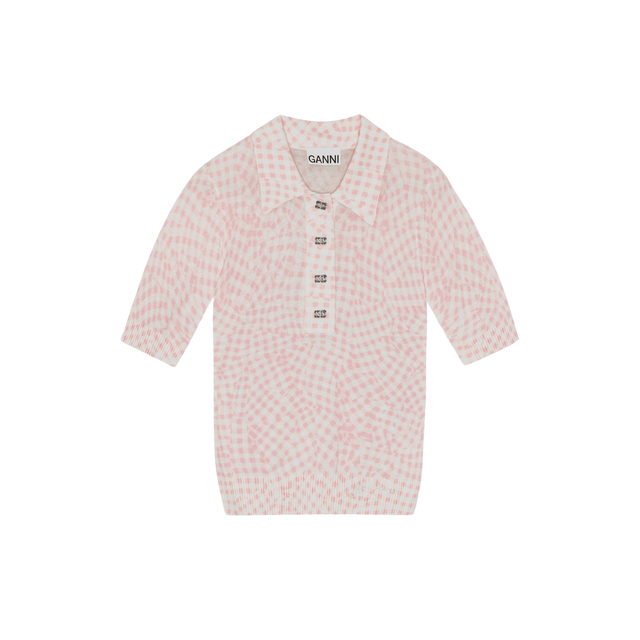 Ganni – Poloshirt aus transparenter Baumwolle mit Print