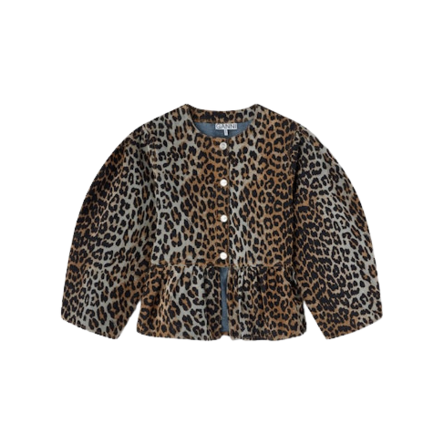 Ganni Printed Flock Denim Peplum Blouse