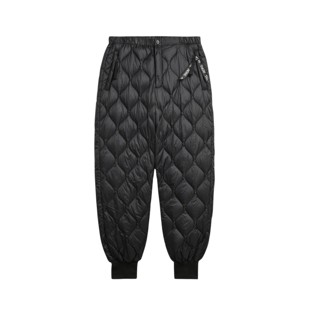 Unisex sorte militærinspirerede dunbukser i soft shell med ribkant ved anklerne fra Taion – varme og komfortable vinterbukser.