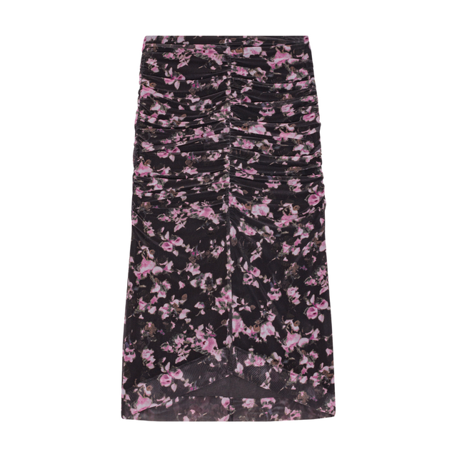 Ganni Printed Mesh Ruched Midi Skirt