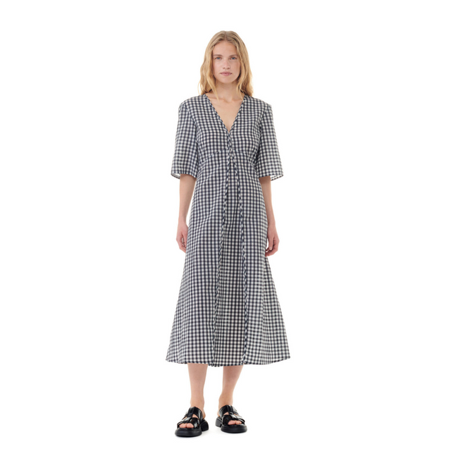 Ganni Seersucker Check V-neck Dress