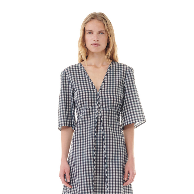 Ganni Seersucker Check V-neck Dress