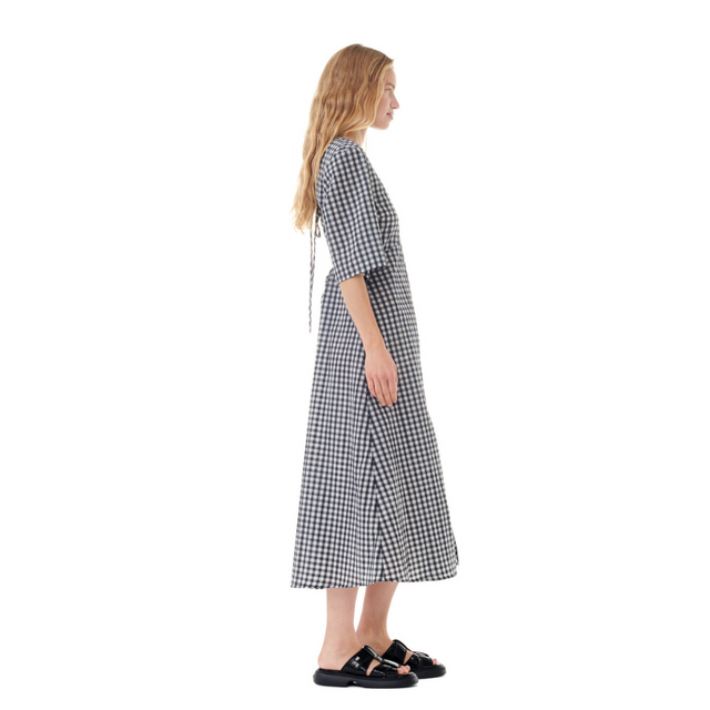 Ganni Seersucker Check V-neck Dress