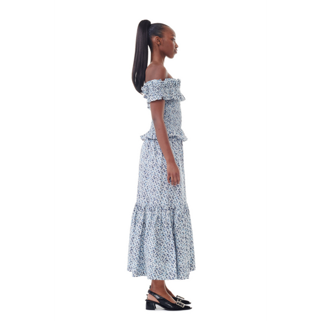 Ganni Printed Cotton Maxi Flounce Skirt