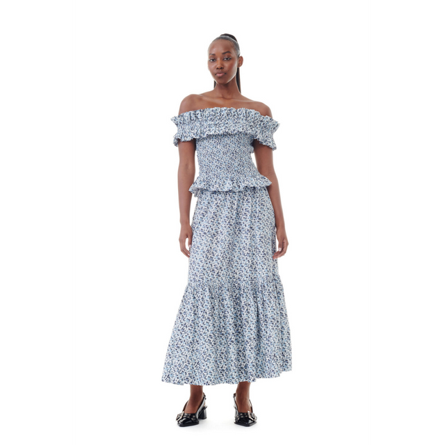 Ganni Printed Cotton Maxi Flounce Skirt