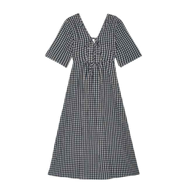 Ganni Seersucker Check V-neck Dress